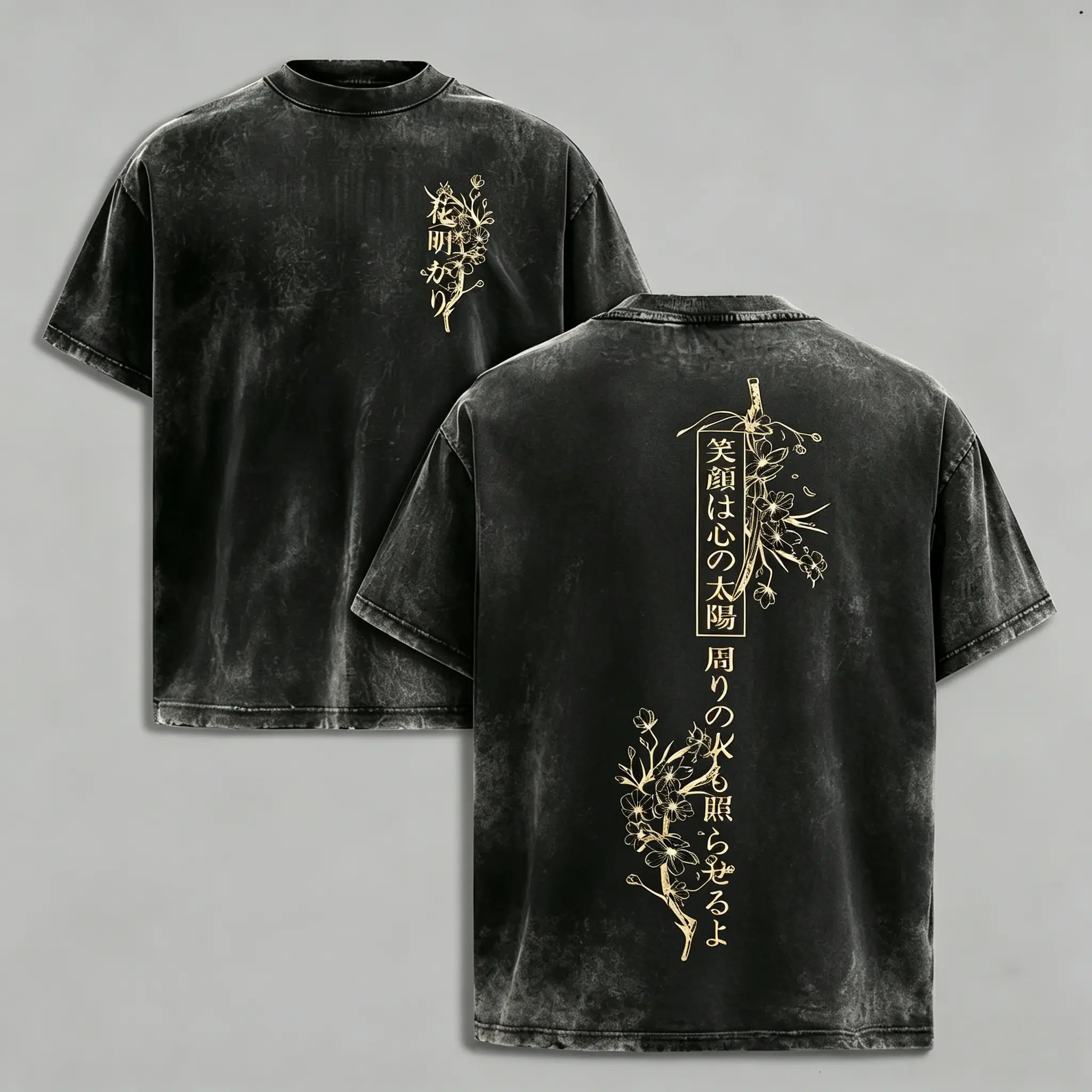Men's Vintage Washed Oversize Cherry Blossom Samurai Graphic T-Shirt - Short Sleeve Fashion Casual Streetwear Loose Top for Daily Wear, Tshirt, Shortsleeve