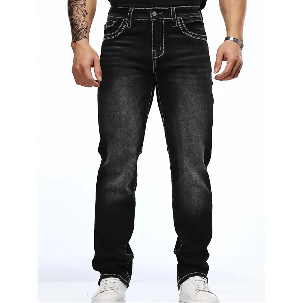 Vintage faded black mid-rise straight denim pants — versatile basic bottoms for men suitable for all seasons