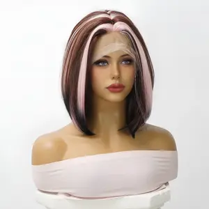 SMILCO/12-inch | Brown And Pink Highlights T part Lace Front Wigs 13x6x1 |SM9138