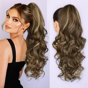 Ponytail Extension 24" Claw Clip in Medium Blonde with Highlights Long Curly Wavy Synthetic Hairpiece for Women Natural Look Japanese Technology jaw