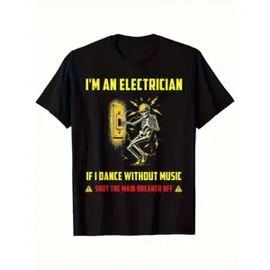 Men's Breathable Electrician & Music Theme T-Shirt - Casual Short Sleeve Round Neck Tee Suitable for Casual Wear,  Summer Outfits for Electricians & Music Events, Spring Summer Autumn Wardrobe Essential