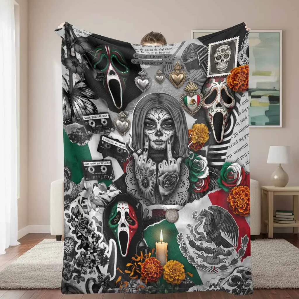 Sugar Skull Mexican Culture Flannel Blanket Day of the Dead Aesthetic Floral Pattern Super Soft Lightweight Plush Throw Perfect For Couch Sofa Bed Living Room Home Decor Birthday Gift