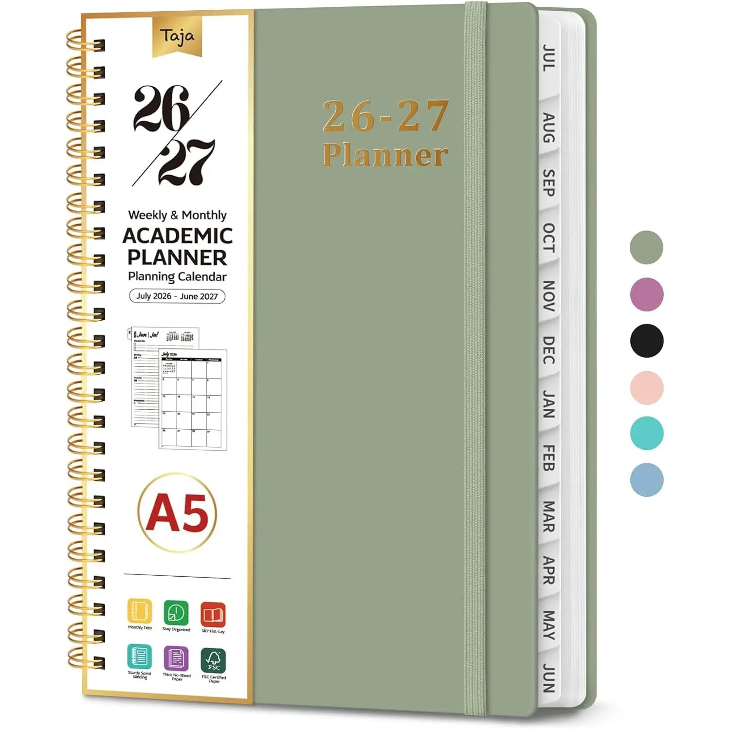 Planner 2026-2027, 6.3" x 8.5" Weekly and Monthly Academic Year Planner Calendar, July 2026 - June 2027, Hardcover Large School Planning Agenda With Tabs, Perfect for School & Office Supplies, A5, Green
