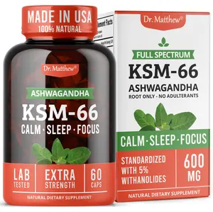 Organic Ashwagandha KSM 66 Capsules. High Potency 5% Withanolides, Natural Sleep Support, Clinical Effects, Gluten Free, Full-Spectrum Healthcare Supplement