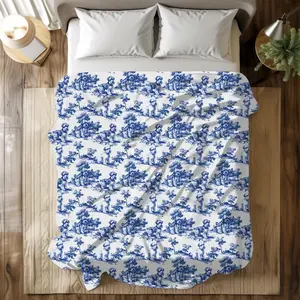 Schnauzer Blue French Toile Blanket - Velveteen Toile de Jouy Cozy Throw Gifts for Schnauzer Dog Lover, French Country Blanket for Dog Mom