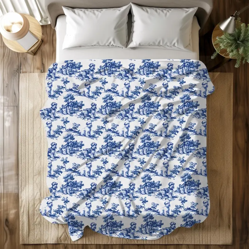 Schnauzer Blue French Toile Blanket - Velveteen Toile de Jouy Cozy Throw Gifts for Schnauzer Dog Lover, French Country Blanket for Dog Mom