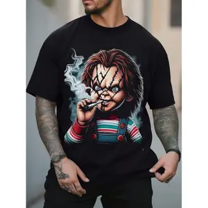 Chucky-Inspired Men'S 3D Printed T-Shirt - Casual, Crew Neck, Machine Washable, with Stitched Detail - Black