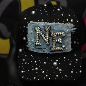 Pearl Rhinestones New Edition Junk Hat with Denim Patch and Sparkling Accents