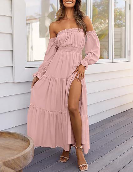 Women's Off The Shoulder Maxi Dress Puff Long Sleeve Ruffle High Slit Boho Flowy Tiered Long Dresses for Summer Party Beach Women's Off The Shoulder Maxi Dress Puff Long Sleeve Ruffle High Slit Boho Flowy Tiered Long Dresses for Summer Party Beach