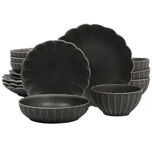 Gibson Elite Malibu Shore 16 Piece Scallop Stoneware Reactive Glaze (Service for 4) Ceramic Plates and Bowls Dinnerware Set