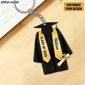 2D Flat Acrylic 4-Piece Personalized Graduation Cap & Gown Keychain | Custom Academic Charm with Name & Year
