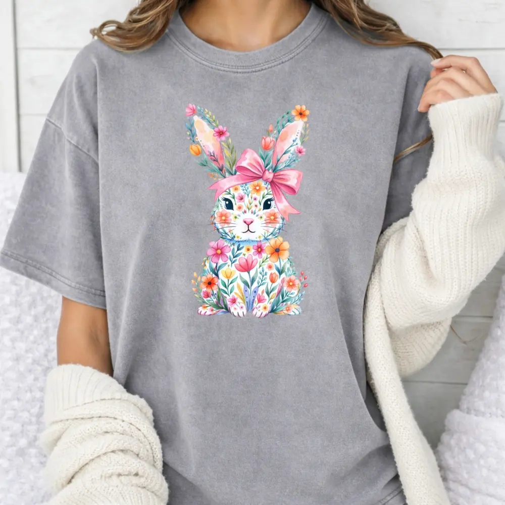 Women's Washed Fitted Round Neck Colorful Short-Sleeve Graphic T-Shirt - Aesthetic Sarcastic Bunny Print, Retro Funny Easter Egg Acid Wash, Premium Soft Cotton Denim Fabric, Unisex Streetwear Statement Top, Ideal Easter Gag Gift, Shortsleeve