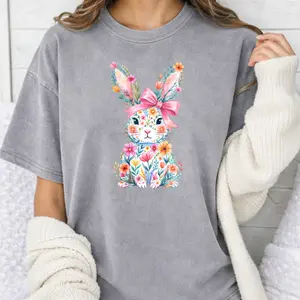 Women's Washed Crewneck Shortsleeve T-Shirt, Sarcastic Bunny Graphic, Retro Funny Easter Egg Acid Wash, Colorful Flower Design, Premium Soft Cotton Fabric, Unisex Casual Streetwear Top, Perfect Easter Gag Gift