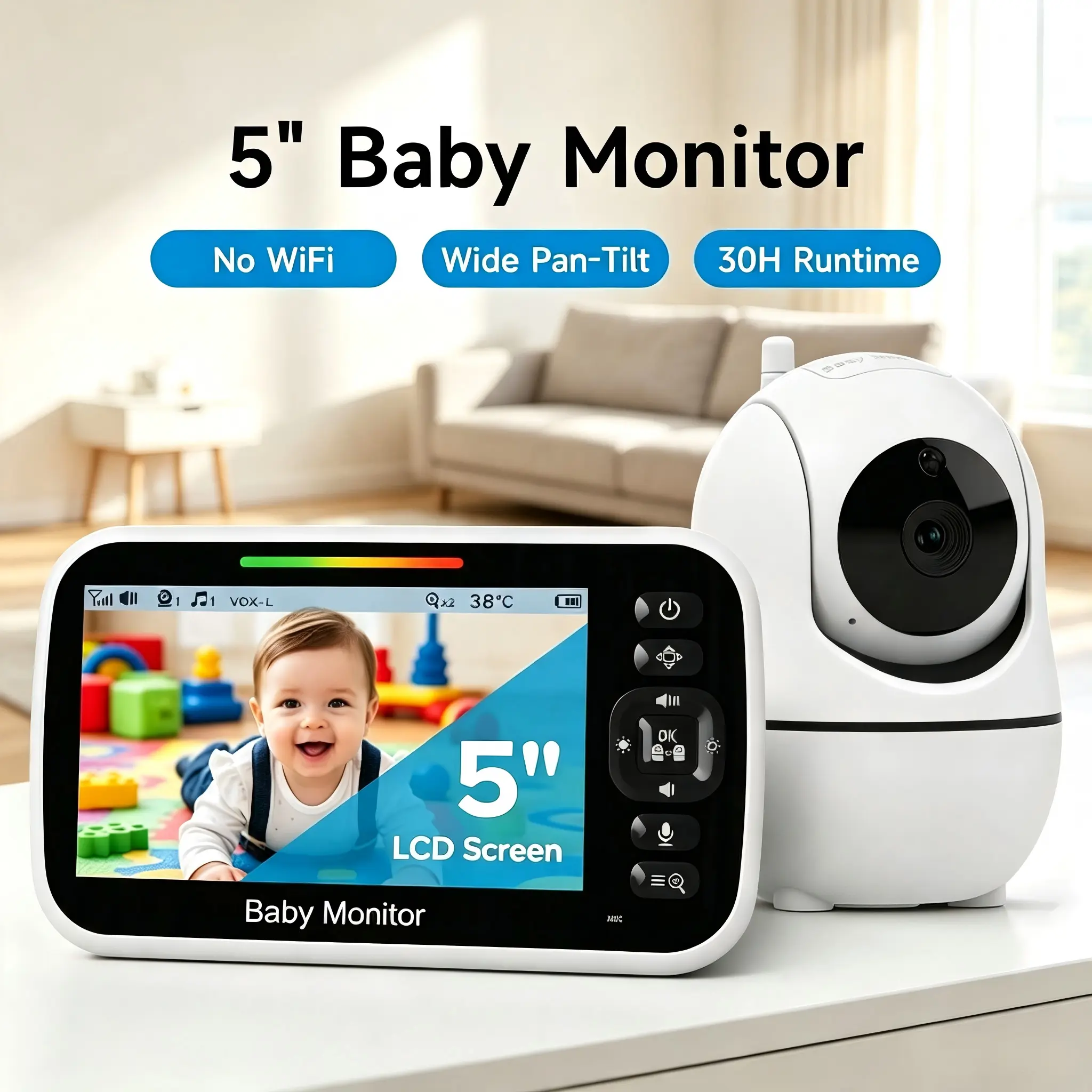 5" LCD Baby Monitor with Night Vision Camera and Audio - No WiFi Secure FHSS, 30-Hour Battery, Remote PTZ Control, 2-Way Audio, Lullabies, Room Temp Monitor, 1000ft Range