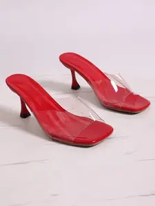 Women's Transparent High Heel Shoes, Comfortable Catwalk Mules, Square Toe PU Leather Sandals, Elegant Luxury Party Dress Shoes