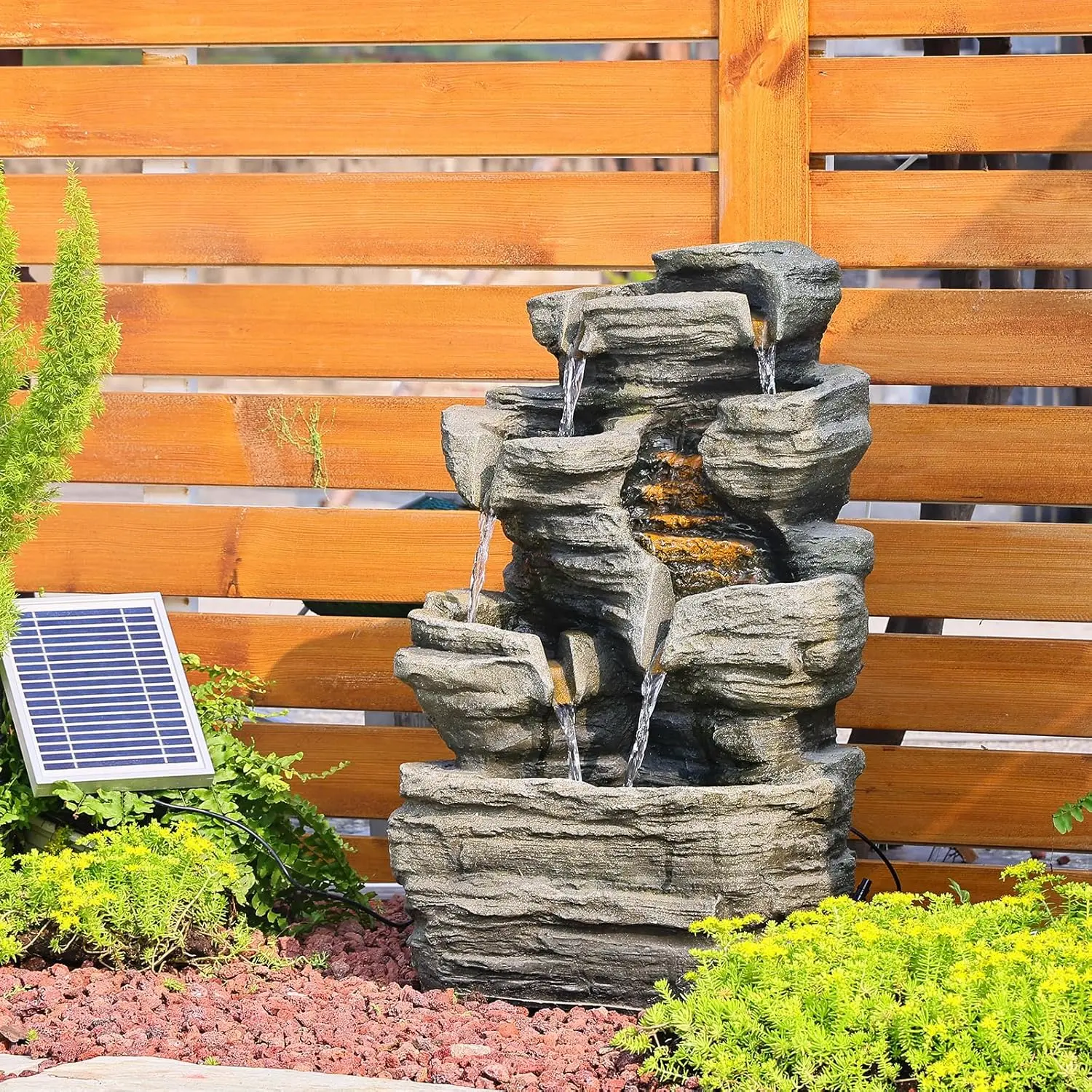 Tankana 6 Tier Cascading Rock Solar Water Fountain Outdoor Garden Decor with LED Lights for Patio Backyard Deck Porch Home Art 24.4" H Resin Waterfall