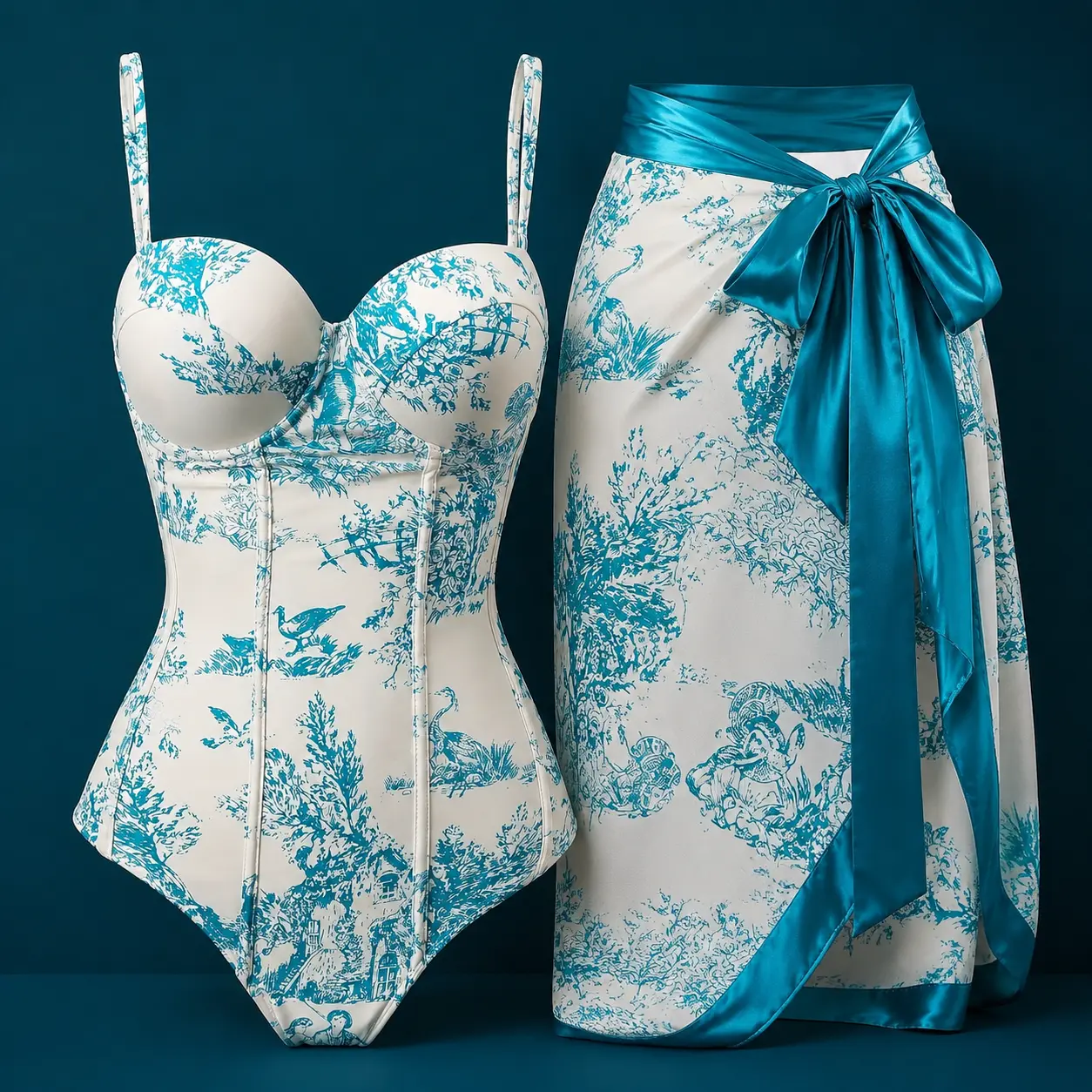 Vintage Toile Print One Piece Swimsuit with Matching Wrap Skirt for Women, Sweetheart Neck Thin Strap Bathing Suit Set, Ivory Blue Resort Swimwear for Beach Pool Vacation Styling