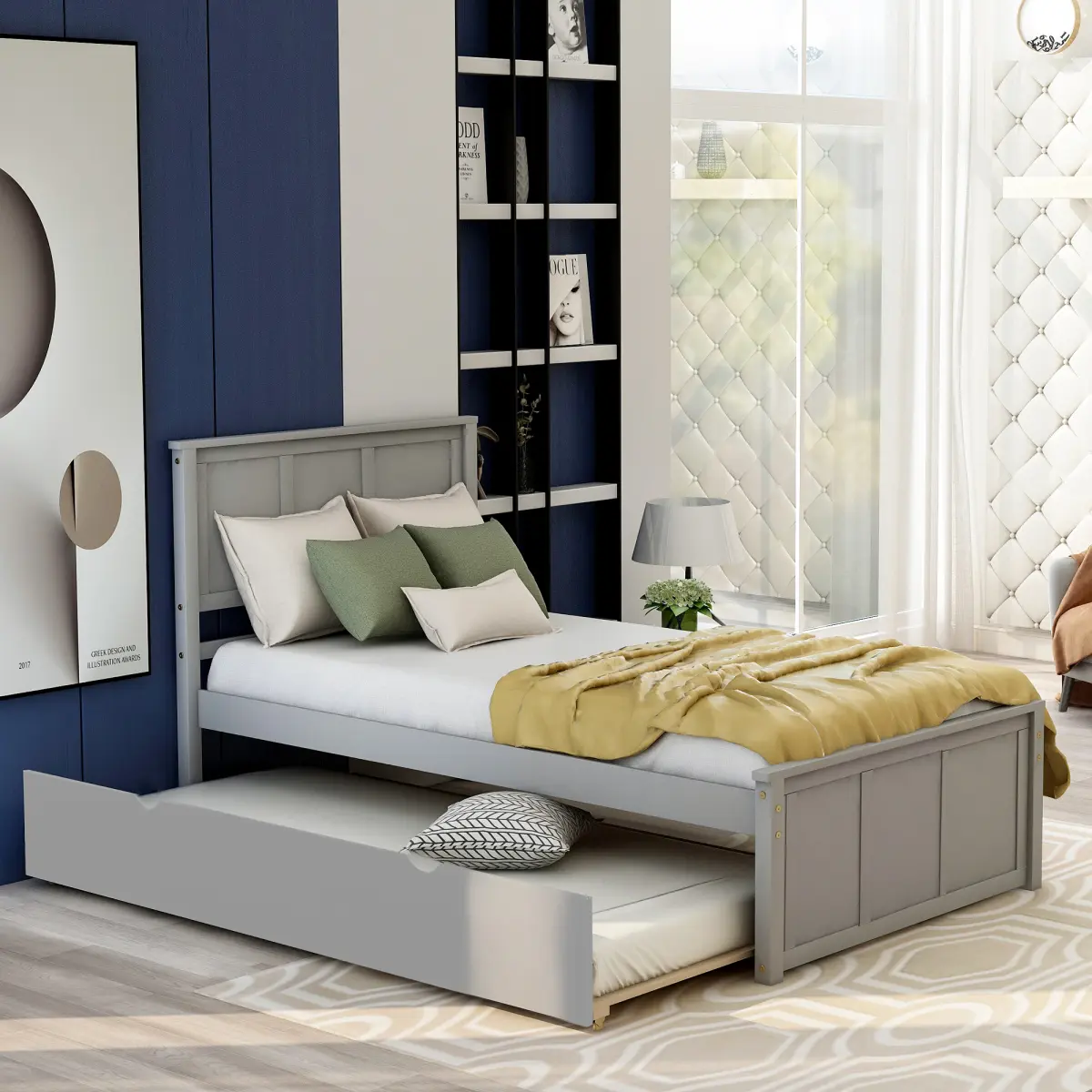 Gray Twin Bed Frame with Pull-Out Bed Trundle - Pine Wood Single Frame, 6'' Thick, 78.98''x42.7''x41.3'' Dimensions, 250lb Weight Capacity, Space Saver Sturdy Design, Assembly Required