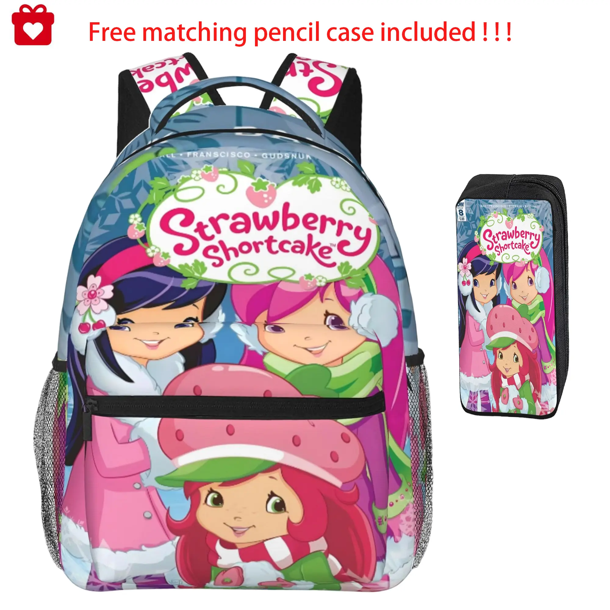 Cute Strawberry Girl Print Backpack Set with Pencil Case & Insulated Lunch Pack, Unisex Polyester Daypack for Adults & Teens, Lightweight for School & Travel, Fits 17 Inch Laptop, Lunchbox, Durable Lunch Bag