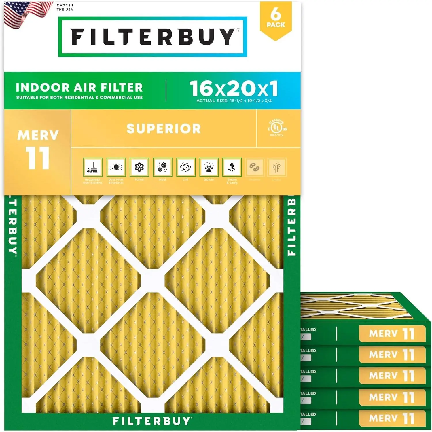 Filterbuy 16x20x1 Air Filter (6-Pack), Pleated MERV 11 Allergen Defense HVAC AC Furnace Air Filters (Actual Size: 15.50 x 19.50 x 0.75 Inches)