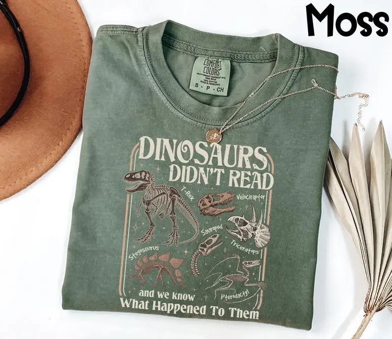 Comfort Colors Dinosaurs Didn't Read Shirt, Librarian Literacy Tee, Funny Teacher T-Shirt, Bookish Gift For Readers, Retro Book Lover Tee