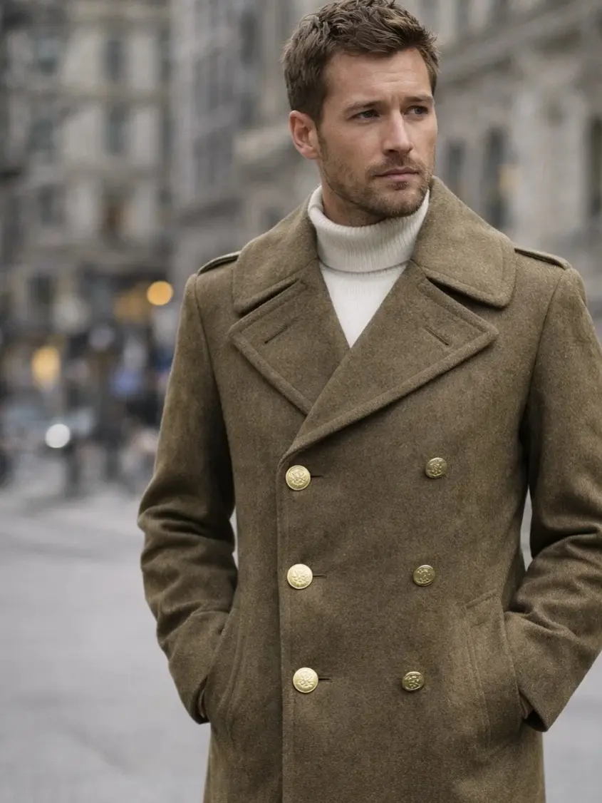 Men’s Heavy Wool Greatcoat - Classic Double-Breasted Military Winter Coat