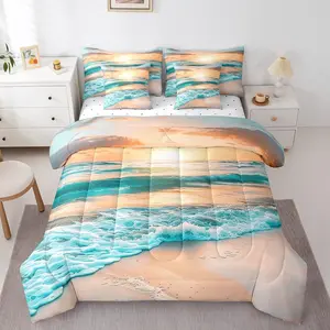 Beach Comforter Set,7 Pieces Ocean Sea Printed Bedding Set,Summer Holiday Vacation Bed in A Bag,with Comforter,Sheets,Pillowcases & Cushion Cover