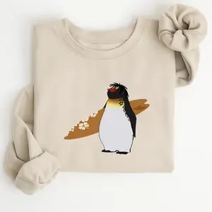 Funny Penguin Surfing Sweatshirt, Cute Surf Penguin Graphic Crewneck, Beach Animal Cartoon Sweatshirt, Cozy Grey Unisex Pullover, Surf Lover Gift, Casual Streetwear Top