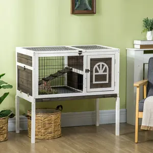 Wood Rabbit Hutch, Elevated Guinea Pig Cage with Run, Coffee