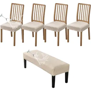Waterproof Dining Room Chairs Seat Covers Set of 4 with Stretch Bench Slipcover Chair Slipcover Washable Seat Cushion Slipcover for Hotel Banquet Wedding, Beige