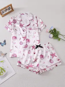 Women's Oceanic Starfish Shell Print Short Sleeve Pajama Set, Comfortable Sleepwear, Fashion Home, Perfect Gift Choice