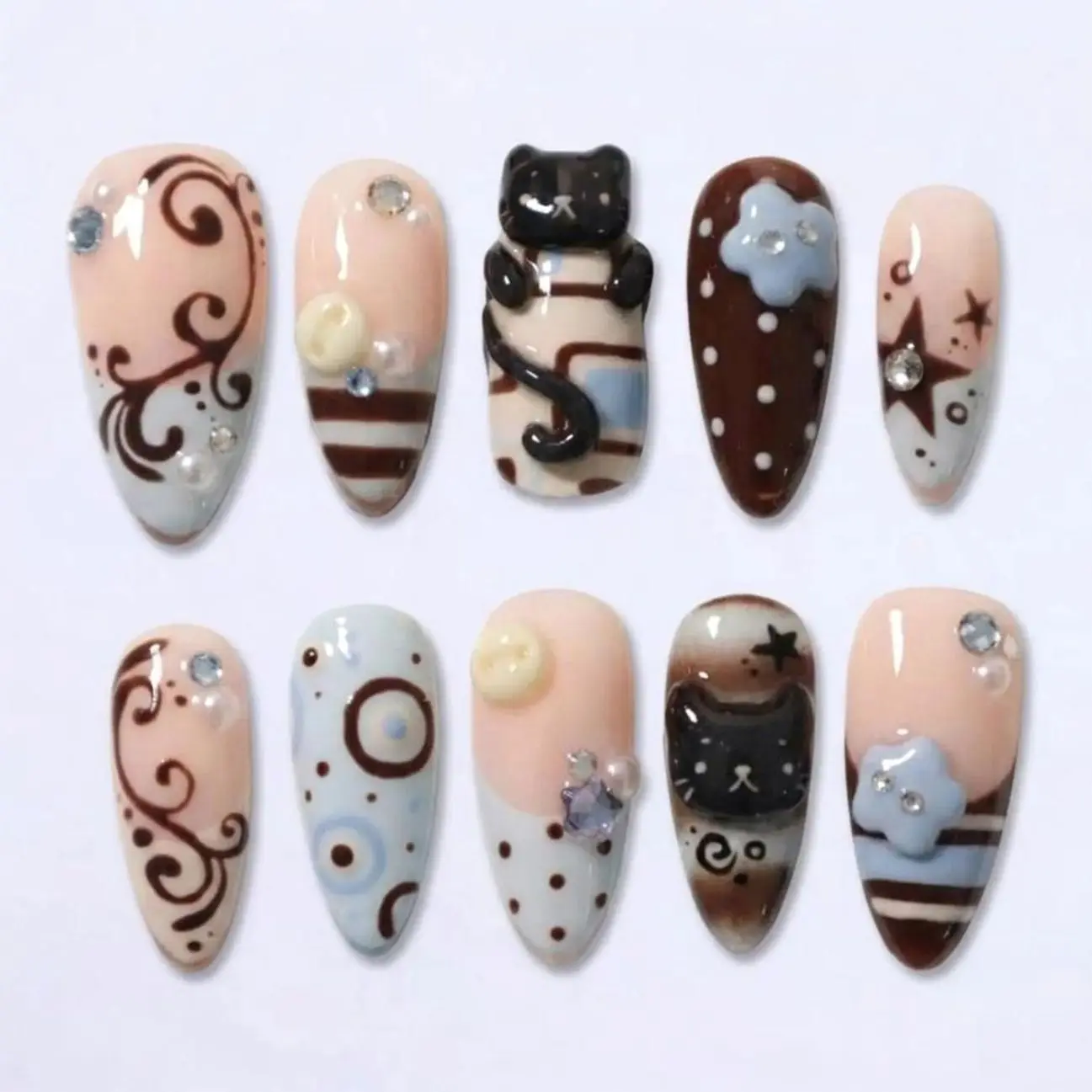 Brown Blue Cat Press On Nails, 3D Black Cat Charms, Retro Swirl Pattern, Crystal Accents, Floral Details, Soft Neutral Whimsical Nail Art