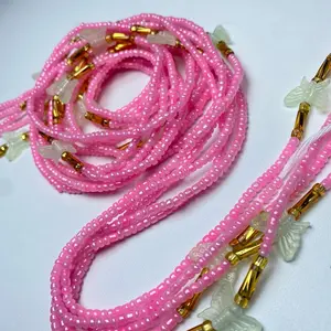 Pink Waist Bead - Waist Bead with soft glow in the dark butterfly- Waist Jewelry- Tie On Waist Bead- Plus Size Friendly Body Jewelry 45”- 50 Inches