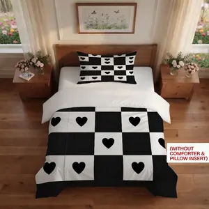 Checkerboard Heart Print Duvet Cover 2/3PCS Set, Sweet Aesthetic Bedding, No Comforter & Pillow Insert, Bedroom Decor, Holiday, Housewarming & Valentine's Day Gift