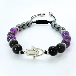 FIMENESS HAMSA HAND HEMATITE, AMETHYST AND BLACK TOURMALINE 8MM CRYSTAL BEADED HANDMADE MACRAME BRACELET STAINLESS STEEL NON TARNISH