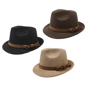 Men's Womens Classic Manhattan Felt Belt Hat Gangster Fedora Jazz Hat Short Brim