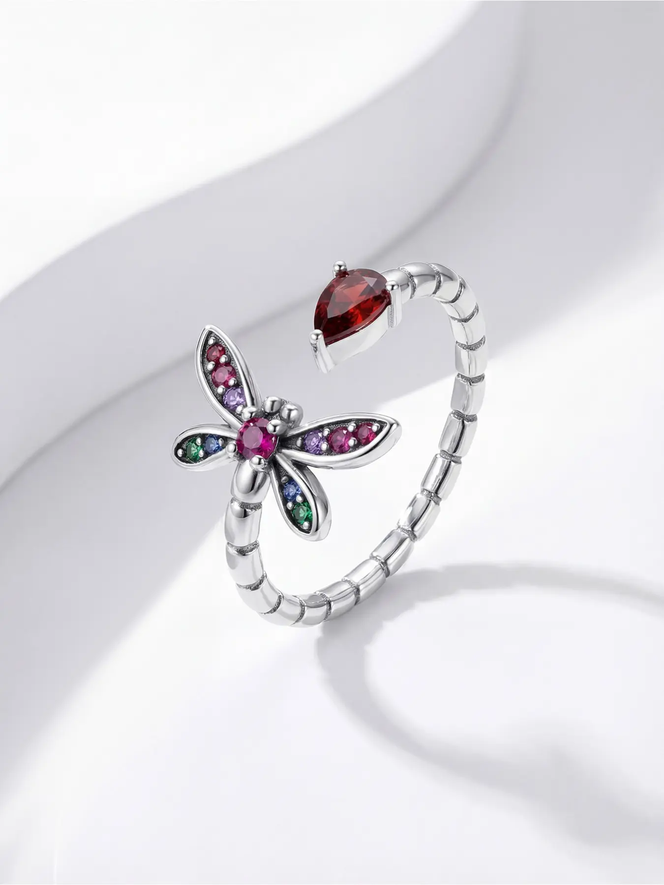 Whimsical Silver-Plated Dragonfly Ring Set, Featuring Vibrant Multicolor Zircon, Red or Green Teardrop Accent, Adjustable Bamboo Band for Boho & Casual Styling