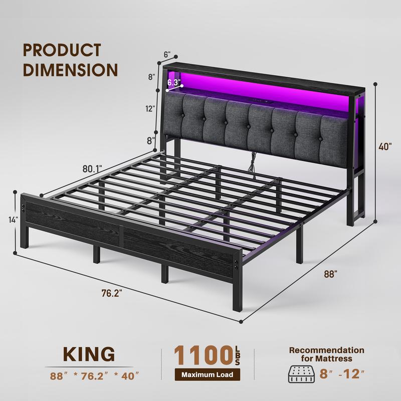 Raybee LED Bed Frame with Charge Station for Queen, Full, King, Platform Bed Frame with Upholstered Ergonomic Heardboard , 2 Tiers of Shelves & 12" Underbed Storage, Industrial Modern Bedroom Furniture, 1000lbs Capacity with Metal Slats & Frame, Black