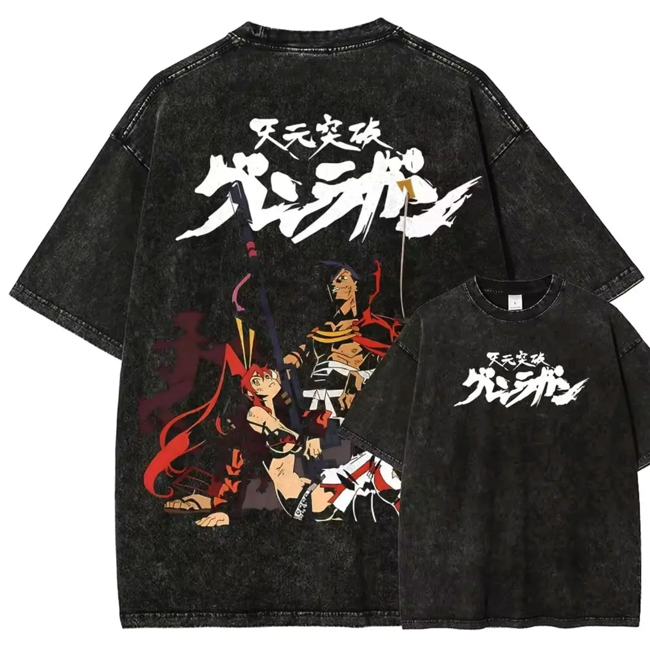 Gurren Lagann Simon and Yoko Vintage Wash T-Shirt | Oversized Anime Graphic Tee | Y2K Streetwear Aesthetic Unisex Cotton Top