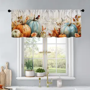 1 pc Autumn Watercolor Pumpkin And Bird Maple Leaf Harvest Season Black Background Printed Kitchen Curtains Valance Living Room Bedroom Bathroom Home Decoration 54x18 Inch