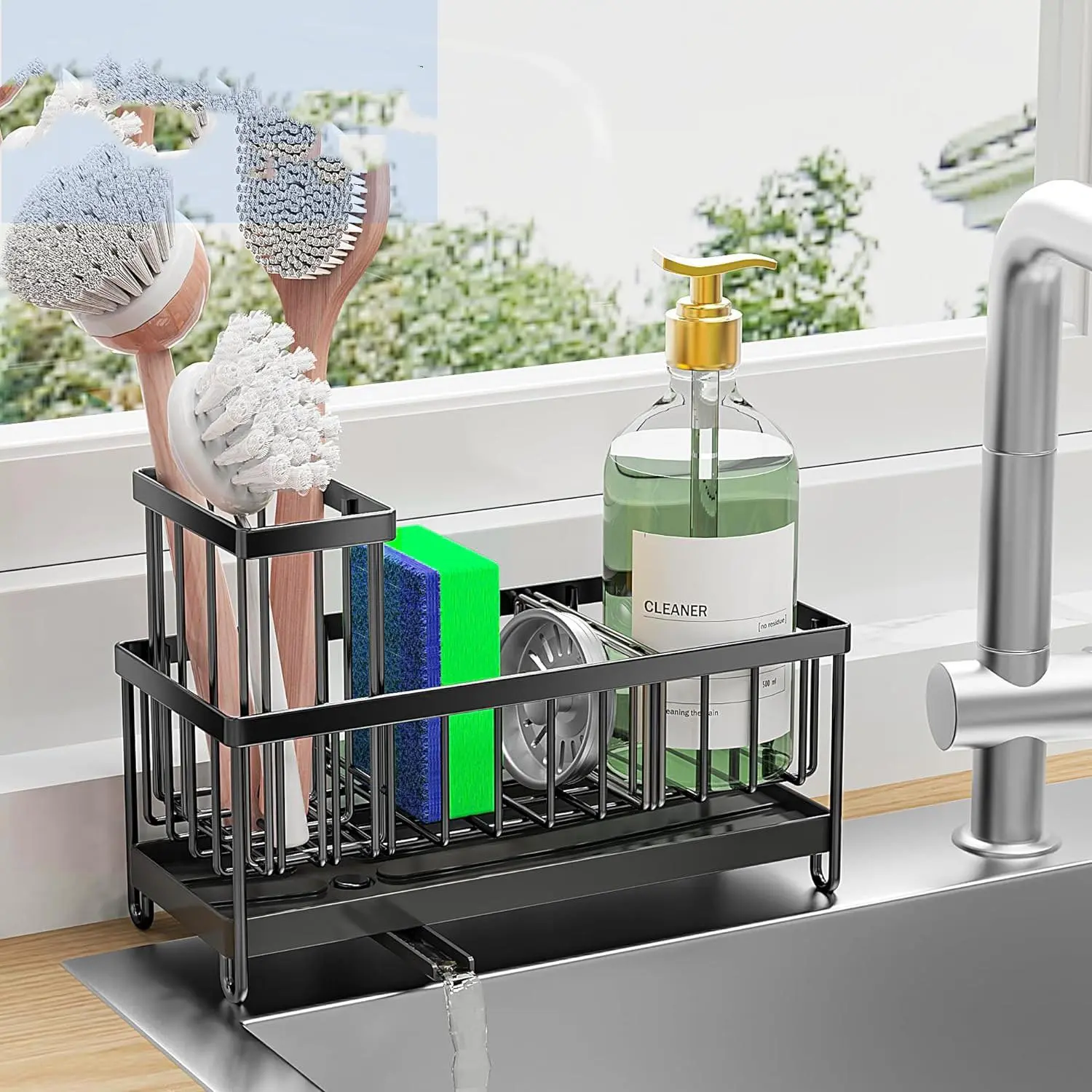 Rustproof Stainless Steel Kitchen Sink Organiser - Hyper-Hygienic Durable Open Wire Unit with Sponge & Cloth Hanging Rack, Automatic Drainage, Countertop/Wall-Mount Home Storage Solution