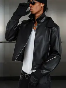 Men's Casual Flip Collar Trendy Cool Motorcycle Jacket with Silver Metal Zipper, Windproof Surface, Suitable for Fashion Parties, Riding, Casual, and Street Style, Suitable for All Seasons Wear