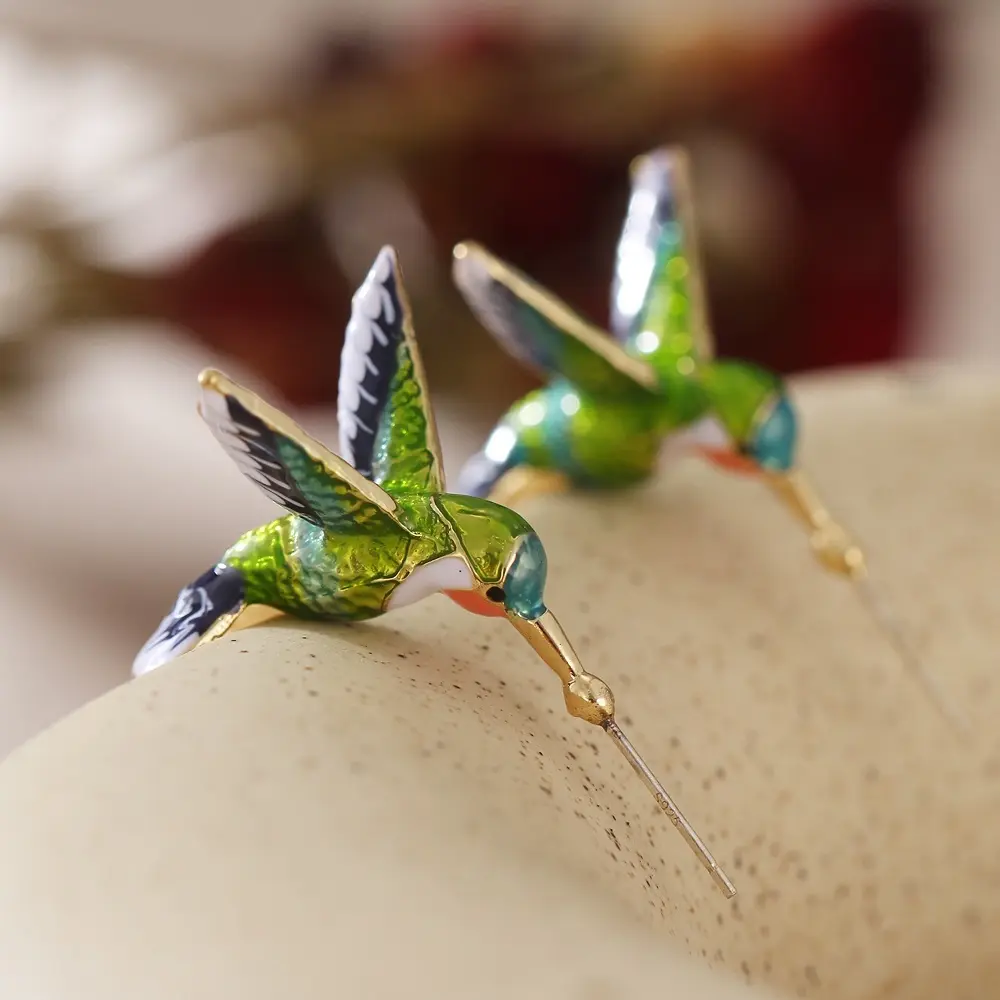 Colorful Hummingbird Stud Earrings - Elegant Enamel Jewelry for Women