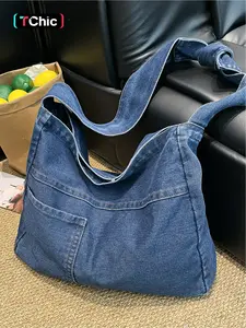 Large Capacity Solid Color Denim Tote Bag, Versatile Lightweight Women's Commuter Bag for Outings and Daily Use, Casual Handbags