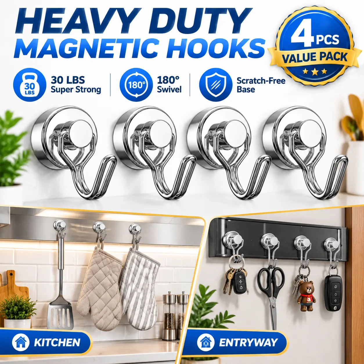 4-Pack Rotating Swing Magnetic Hooks (30 lb) - Strong Neodymium Magnet Hooks for Cruise Ship Cabins, Kitchens, Refrigerators, and Other Magnetic Surfaces.
