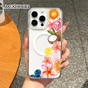 Magnetic Coquette Case for iPhone 17 16 E Pro Max 15 Plus 14 13 12 11 XS XR, Pastel Tropical Fruits And Flowers Design | Shockproof, Girly, Stylish, Silicone, and Trendy Protection