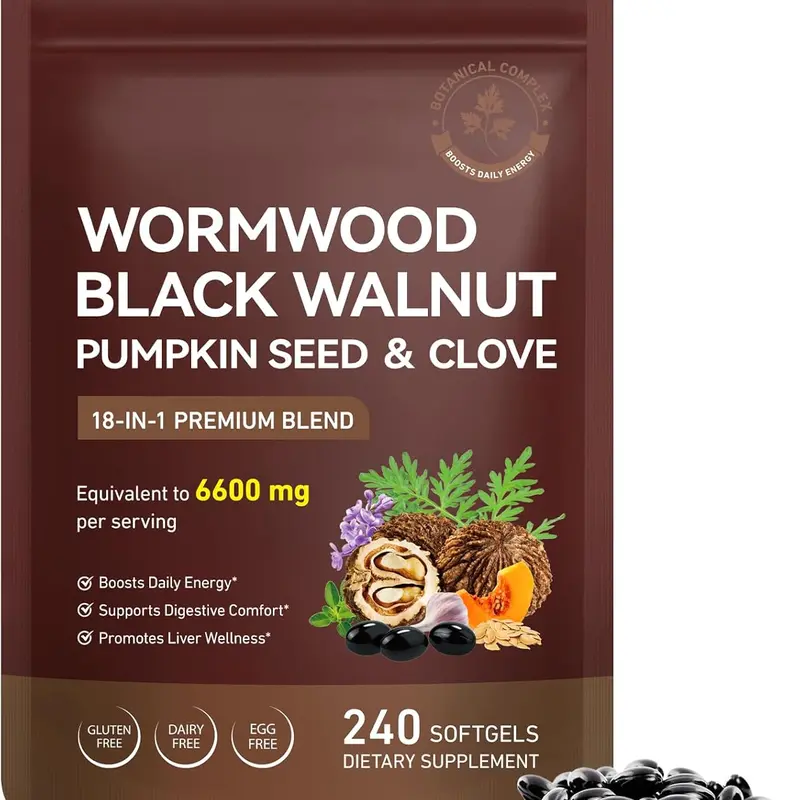 Wormwood Black Walnut Clove Parasite Cleanse Herbal Supplement, 6600mg per Serving 3-cap Strength, 18-in-1 Premium Natural Botanical Extracts Blend, 240ct Softgels, Dairy-Free Dietary Supplement with Papain Enzymes & Pumpkin Seeds for Adults