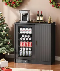 Coffee Bar with Mini Fridge Space - Snack Bar Cabinet with Power Outlet, Fluted Mini Fridge Cabinet with Adjustable Shelf for Kitchen Dining Room Living Room