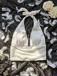 Women's Textured Tie Back Halter Neck Tankini Top, Tankini Swimsuits Sets Bathing Suits for Women Summer Tummy Control Swimwear 2024, Summer Clothes Women, Elegant Boho Sleeveless Swim Bikini Top for Beach Holiday Vacation, Ladies Summer Clothes