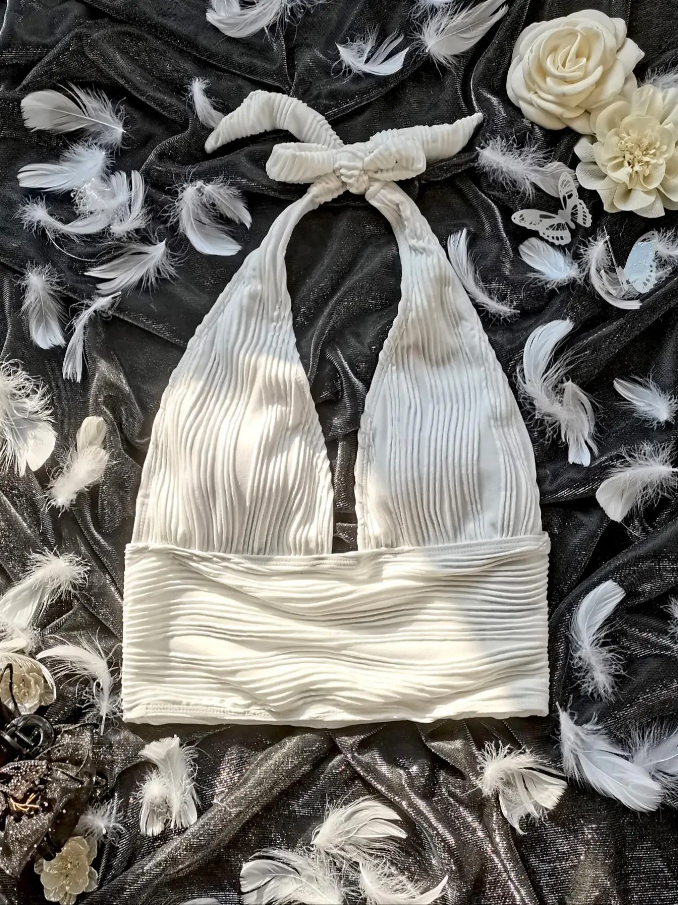 Women's Textured Tie Back Halter Neck Tankini Top, Tankini Swimsuits Sets Bathing Suits for Women Summer Tummy Control Swimwear 2024, Summer Clothes W